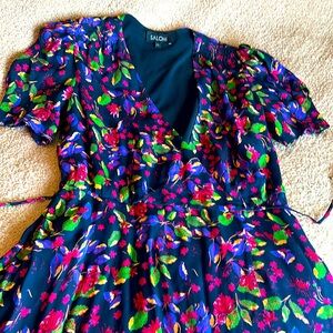 Saloni Lea Wrap Navy Blue Floral Pattern V-Neck Puff Sleeve Dress US8 UK12